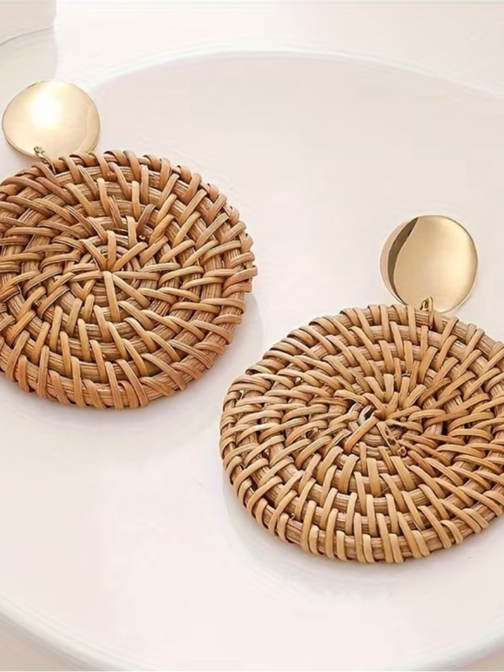 Rattan Drop Earrings with Gold Disc - Chic Natural Woven Jewelry - Picture 5 of 5